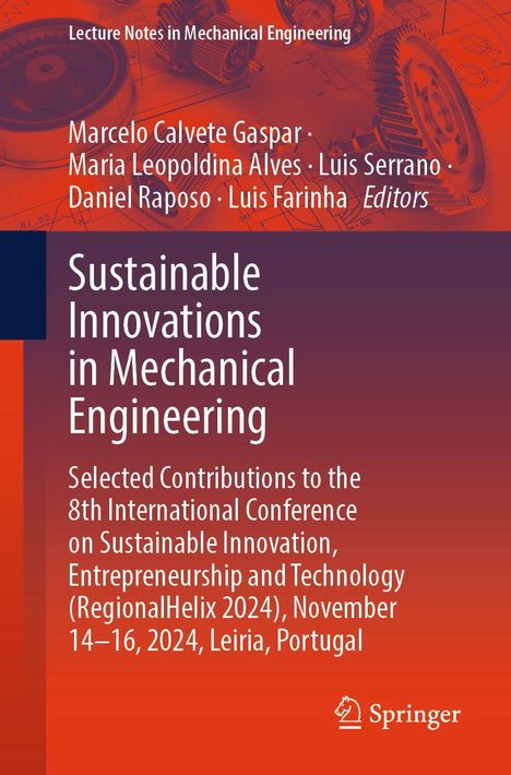 "Sustainable Innovations in Mechanical Engineering" vor rotem Hintergrund mit Zahnrädern und Springer-Logo.