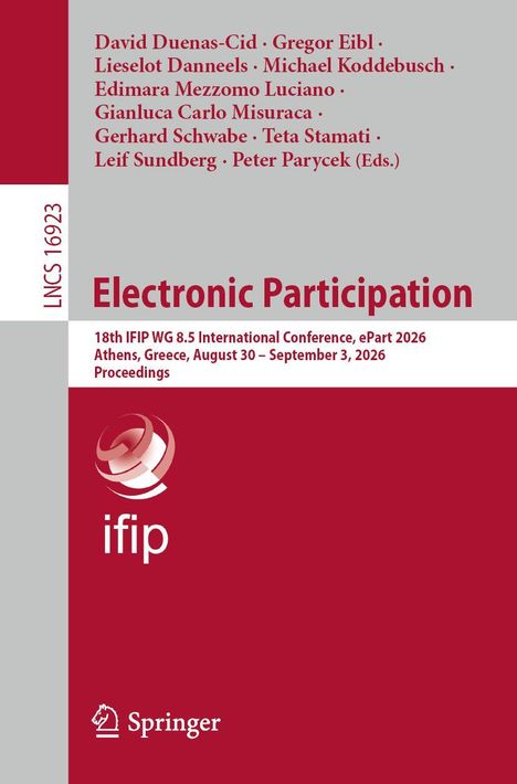 Titel: "Electronic Participation". LNCS 16923. Autorenliste. 18th IFIP WG 8.5 Konferenz, Athen, 2026. Rotes Springer-Design mit Logo.