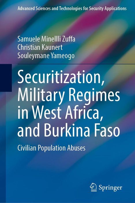 Titel: "Securitization, Military Regimes in West Africa, and Burkina Faso". Autoren: Samuele Minelli Zuffa et al. Buntes abstraktes Hintergrunddesign.