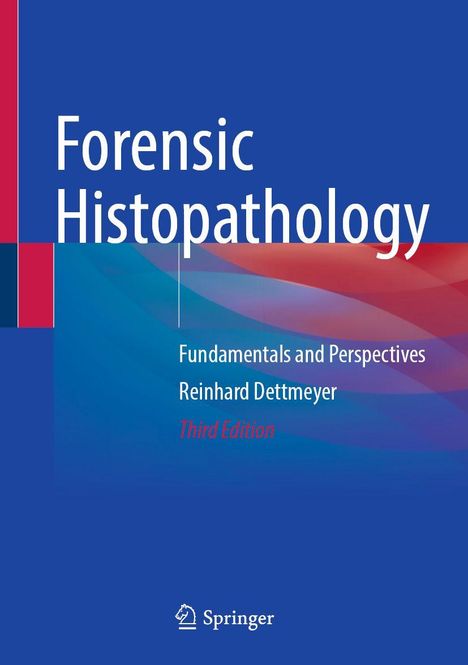 "Forensic Histopathology," blauer Hintergrund mit abstrakten roten und blauen Formen, „Springer“ Logo unten.