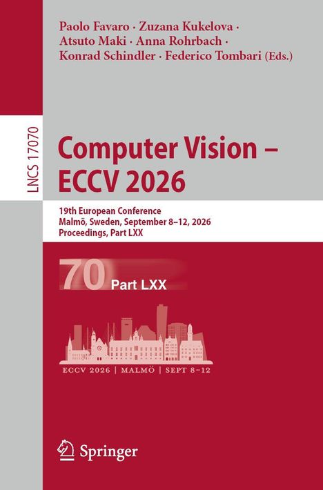 Titel: Computer Vision – ECCV 2026. Konferenzdetails: Malmö, Sweden, September 8–12, 2026. Rotes Design mit Stadt-Silhouette.