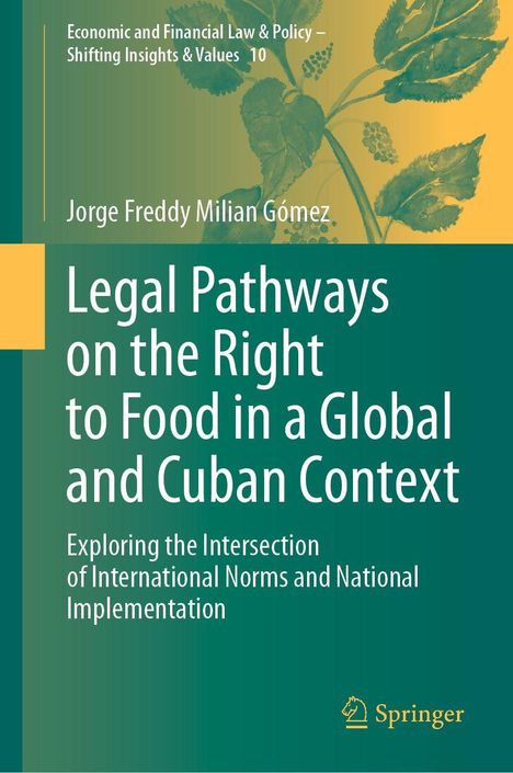 Titel: "Legal Pathways on the Right to Food in a Global and Cuban Context". Grüner Hintergrund mit Pflanzenillustration.