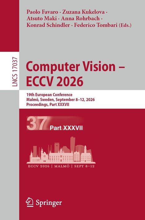 Oben: Titel "Computer Vision – ECCV 2026", darüber Herausgebernamen. Unten: Konferenzinfo, Skyline von Malmö. Logo unten.