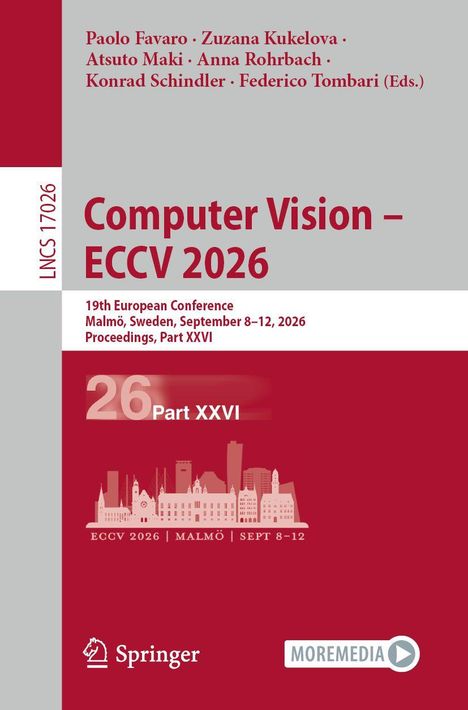Text: "Computer Vision – ECCV 2026", "19th European Conference", "Malmö, Sweden, September 8–12, 2026". Rotes Design mit Stadtsilhouette.