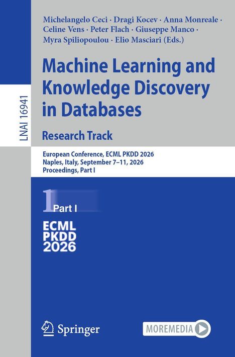 Auf grauem Hintergrund: Titel "Machine Learning and Knowledge Discovery in Databases", europäische Konferenzdetails.