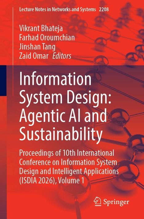 Ein Buchcover mit rotem Hintergrund: „Information System Design: Agentic AI and Sustainability“ und vier Herausgebernamen.