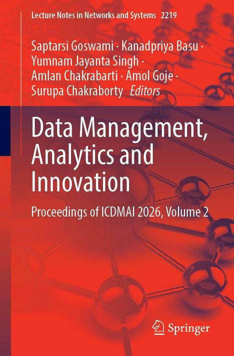 "Data Management, Analytics and Innovation" auf rotem Hintergrund mit verbundene Metallkugeln, unten Springer-Logo.