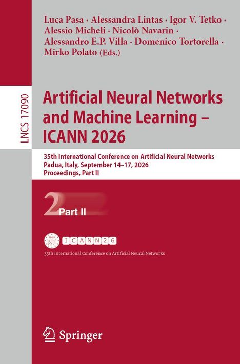 Text: "Artificial Neural Networks and Machine Learning – ICANN 2026". Ein rotes Cover mit Konferenzdetails und Springer-Logo.