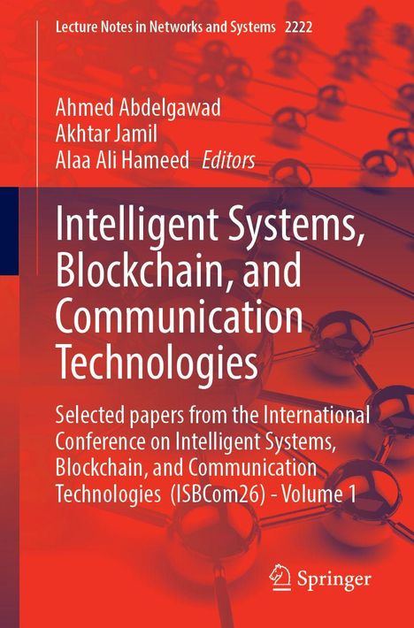 „Intelligent Systems, Blockchain, and Communication Technologies.“ Rotes Cover mit Molekülketten im Hintergrund. Springer-Logo.