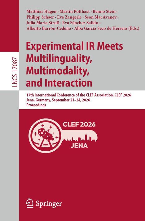 Titel: Experimental IR Meets Multilinguality, Multimodality, and Interaction. Konferenz: CLEF 2026, Jena. Logo unten.
