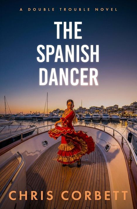 "The Spanish Dancer" oben, "Chris Corbett" unten. Eine Tänzerin in rotem Kleid auf einer Yacht, im Hintergrund ein Hafen bei Sonnenuntergang.