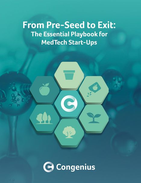 Text: "From Pre-Seed to Exit: The Essential Playbook for MedTech Start-Ups." Logo: Sechseck-Muster mit Pflanzen-Icons.