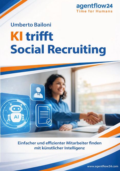 "KI trifft Social Recruiting. Einfacher und effizienter Mitarbeiter finden mit künstlicher Intelligenz."  
Händeschütteln, lächelnde Frau.
