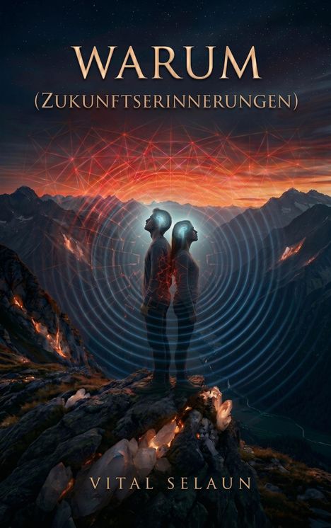 "Warum (Zukunftserinnerungen)" und "Vital Selaun". Zwei Personen stehen Rücken an Rücken in einer futuristischen Berglandschaft.