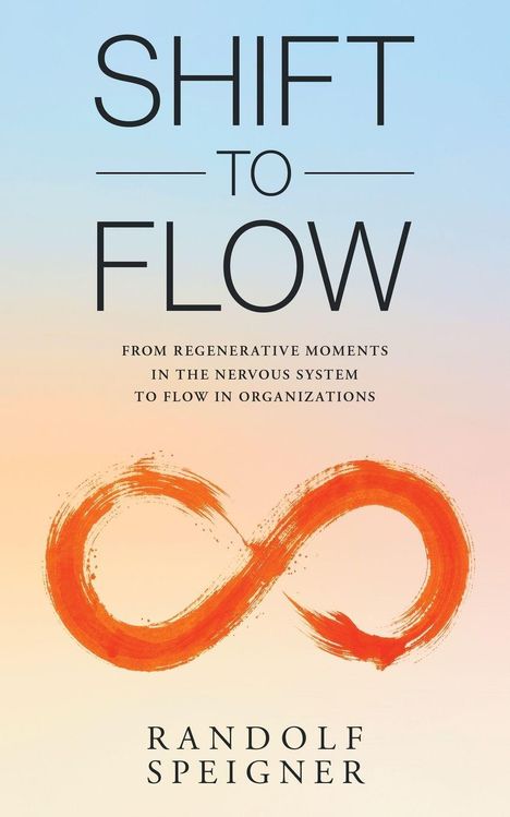 Text: "SHIFT TO FLOW, FROM REGENERATIVE MOMENTS IN THE NERVOUS SYSTEM TO FLOW IN ORGANIZATIONS, RANDOLF SPEIGNER." Illustration: Unendlichkeitszeichen in Rot.