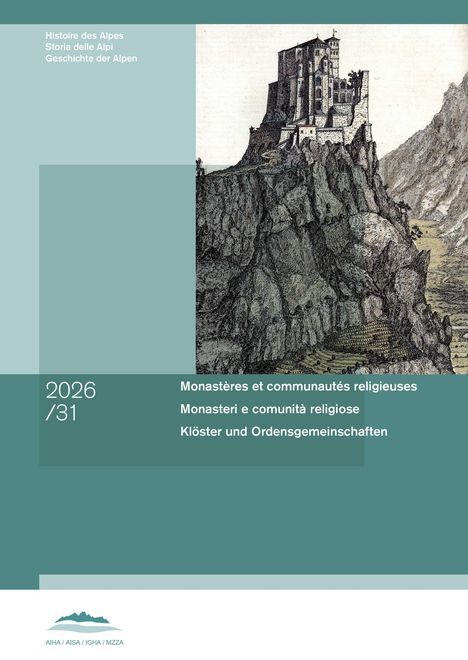 Text: 2026/31, Klöster und Ordensgemeinschaften. Oben ist ein Schloss auf einem steilen Felsen mit Bergen im Hintergrund.