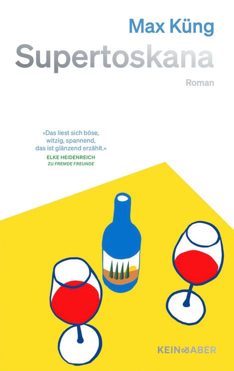 „Max Küng, Supertoskana, Roman“. Zitat von Elke Heidenreich. Illustration: Weinflasche und zwei gefüllte Gläser.