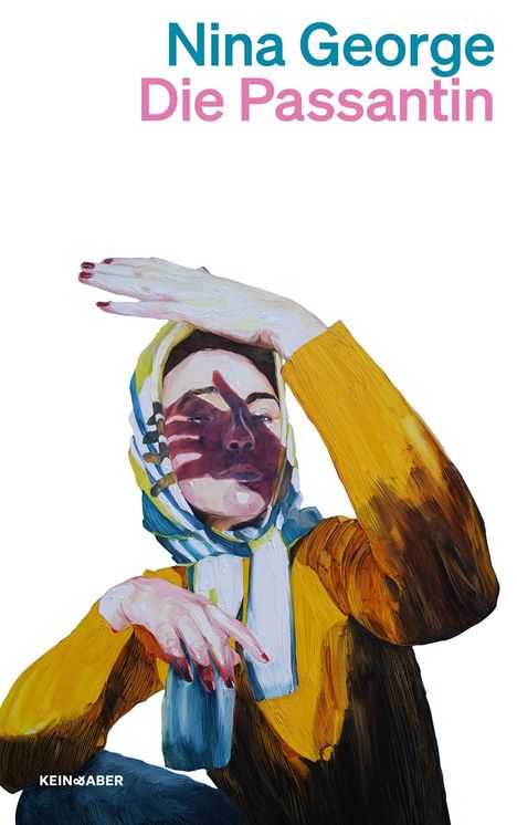 "Nina George: Die Passantin." Gemälde einer Frau mit Kopftuch und erhobener Hand im stilisierten Kunststil.