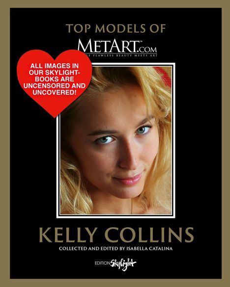 Texts: "All images in our Skylight-books are uncensored and uncovered!"; "Top models of"; "Kelly Collins".  
Illustration eines Gesichts im Zentrum.