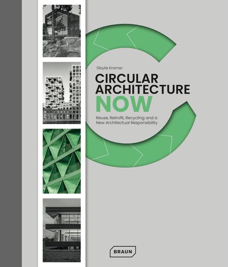 "Circular Architecture Now" von Sibylle Kramer, mit grünem Rundmotiv. Links: vier Architektur-Fotos. Braun-Logo unten.