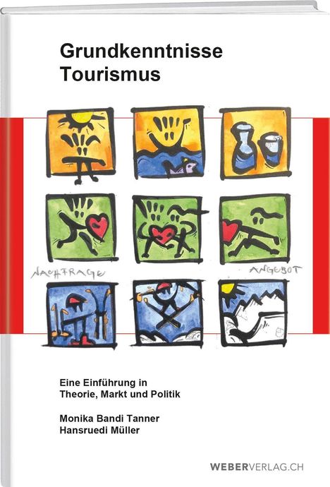 Grundkenntnisse Tourismus. Sechs bunte Illustrationen: Sonne, Herz, Ski und Berge. Autoren: Monika Bandi Tanner, Hansruedi Müller.
