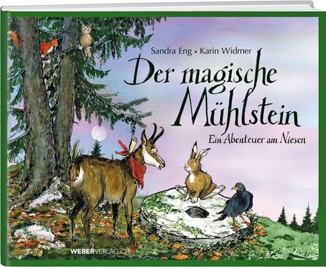 „Der magische Mühlstein – Ein Abenteuer am Niesen“. Illustration von Tieren im Wald vor einem Mühlstein.