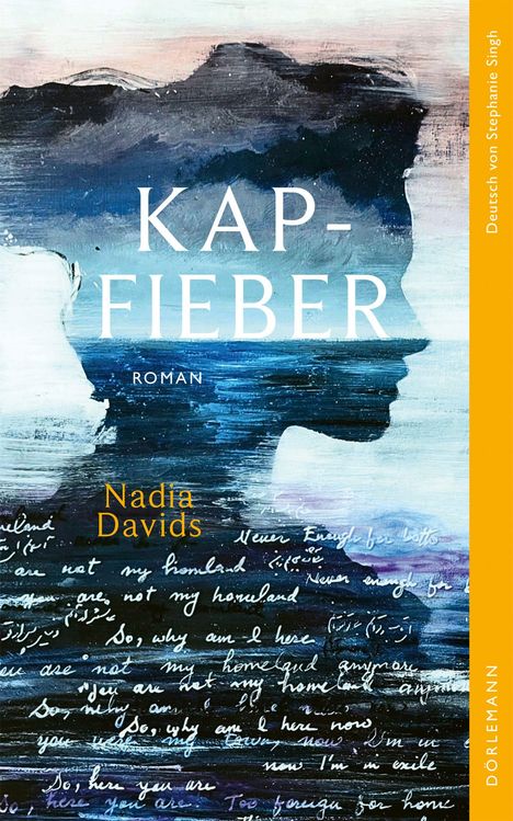 "KAPFIEBER", darunter "Roman", Autorin "Nadia Davids". Silhouette eines Gesichts vor einer Malerei mit Meer und Bergen.