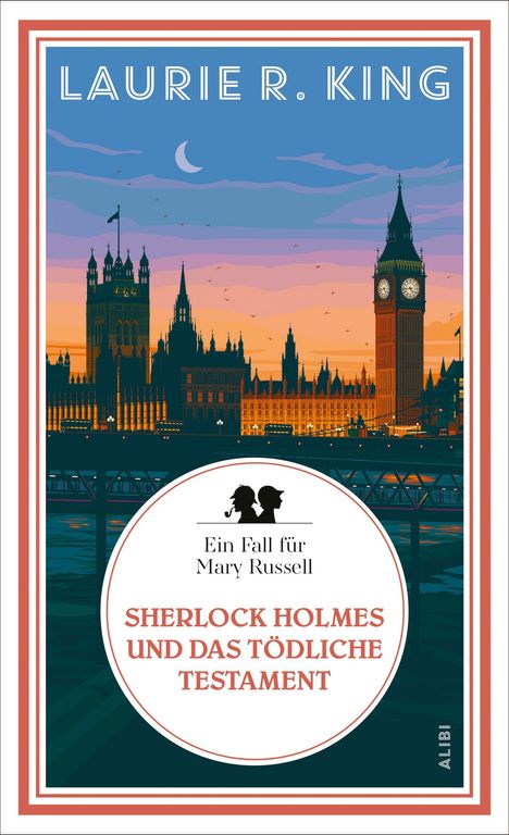 Titel: "Sherlock Holmes und das tödliche Testament". Illustration von London mit Big Ben und Themse bei Sonnenuntergang.