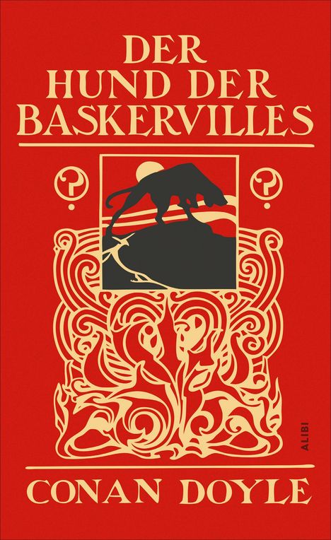 "Der Hund der Baskervilles", Illustration: Ein schwarzer Hund vor rotem Hintergrund, stilisierte Naturmuster.
