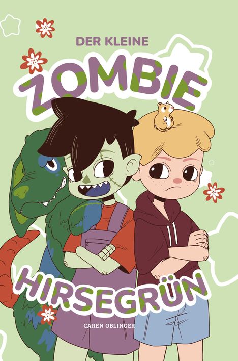 "Der kleine Zombie Hirsegrün" von Caren Oblinger. Zwei Kinder mit verschränkten Armen, links ein Zombie mit Dino.