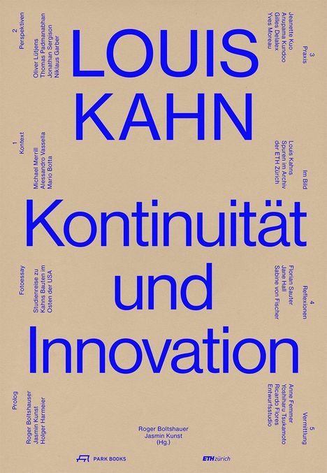 Titel: "LOUIS KAHN", Untertitel: "Kontinuität und Innovation". Beige Hintergrund, blaue Schrift. Namen und Themen ragen heraus.