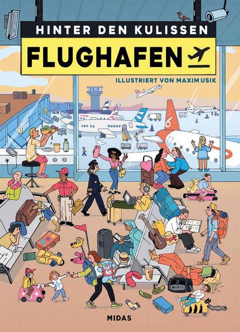 "Hinter den Kulissen Flughafen. Illustriert von Maximusik. Viele Menschen im Flughafengebäude beim Reisen."