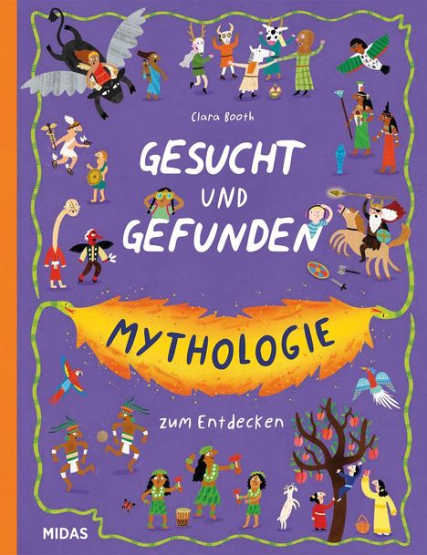 Buchtitel: "Gesucht und Gefunden: Mythologie zum Entdecken." Illustrationen mit mythischen Figuren und Szenen.