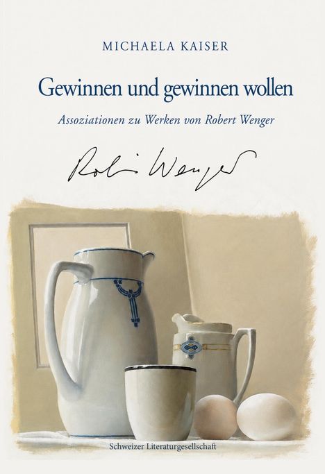 Titel: "Gewinnen und gewinnen wollen". Illustration: Krüge, Tasse, zwei Eier. Signatur: Robert Wenger.