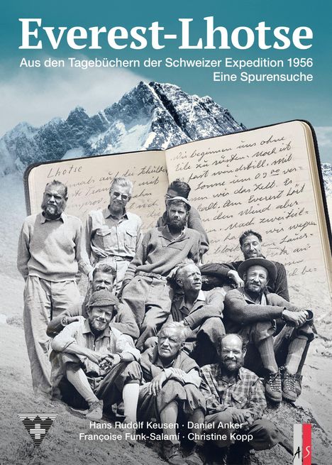 Titel: "Everest-Lhotse". Darunter: "Aus den Tagebüchern der Schweizer Expedition 1956. Eine Spurensuche".  
Berg im Hintergrund und eine Schwarzweiß-Fotografie von Männern im Vordergrund.