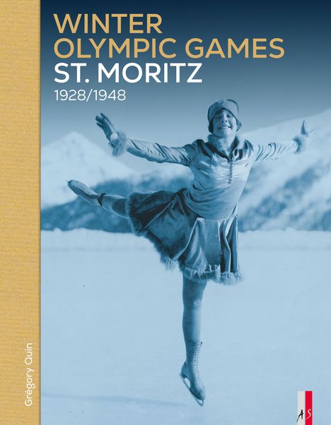 "WINTER OLYMPIC GAMES ST. MORITZ 1928/1948." Eine Eiskunstläuferin in Bewegung, umgeben von schneebedeckten Bergen.
