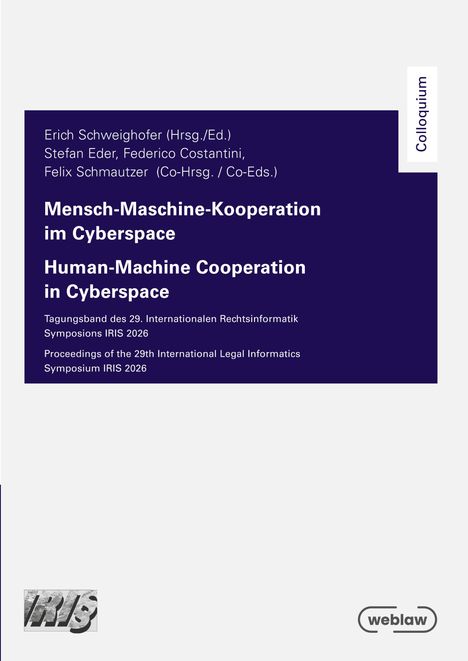 Text: Mensch-Maschine-Kooperation im Cyberspace. Farben: Dunkelblau, Weiß. Logos: "weblaw", "IRIS".