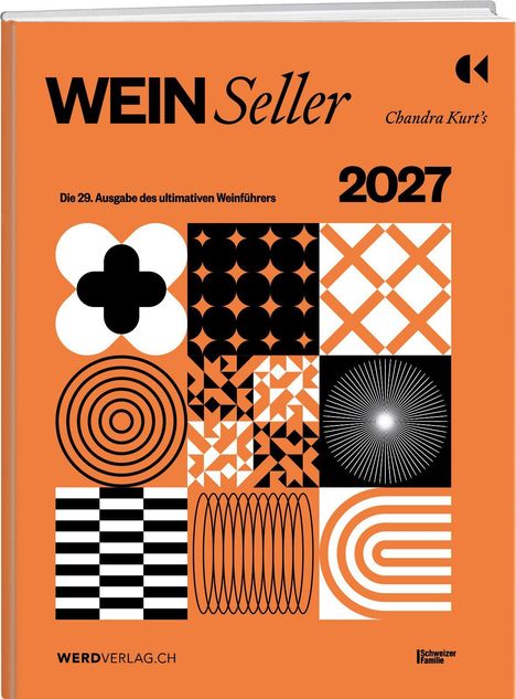 "Wein Seller 2027, Die 29. Ausgabe des ultimativen Weinführers" steht in schwarzer Schrift vor orangefarbenem Hintergrund.