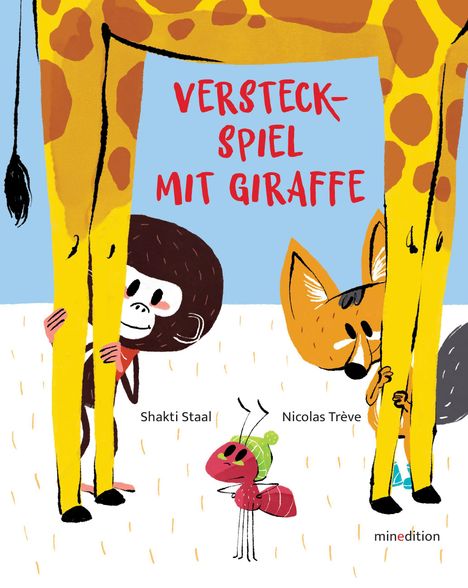 „VERSTECK-SPIEL MIT GIRAFFE“ in roter Schrift. Ein Affe und ein Fuchs verstecken sich hinter den Beinen einer Giraffe.