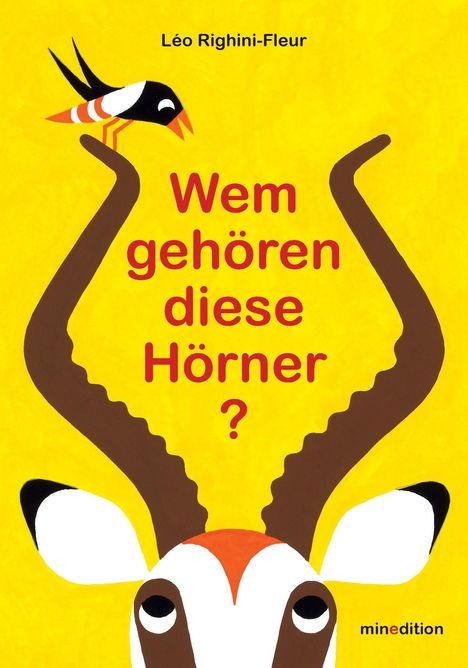 Text: "Wem gehören diese Hörner?" Illustration: Ein Vogel sitzt auf einem Horn, das zu einem Tierkopf gehört.