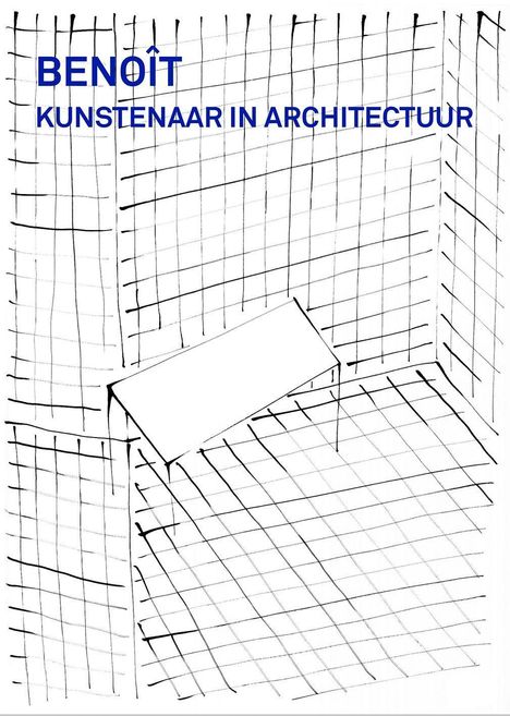 "BENOÎT, KUNSTENAAR IN ARCHITECTUUR." Skizzenhaftes Bild eines Raums mit schraffierten Linien und einer Bank.