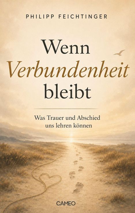 "Wenn Verbundenheit bleibt. Was Trauer und Abschied uns lehren können." Fußspuren führen zu einem Sonnenuntergang.