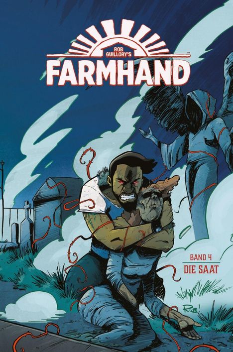 "FARMHAND" oben. "BAND 4 DIE SAAT" unten. Illustration: Mann kämpft, rote Ranken, düstere Szene.