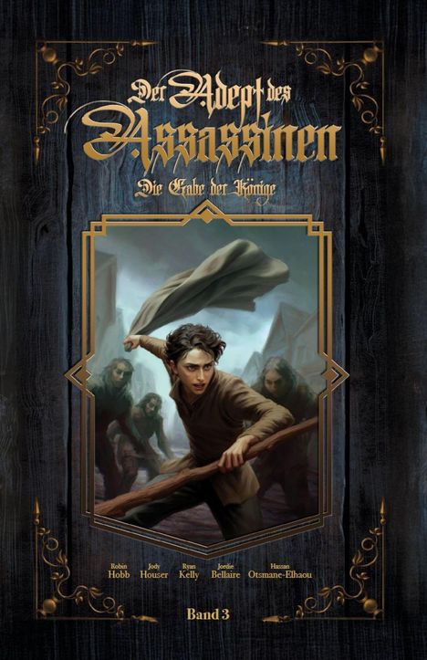 „Der Adept des Assassinen: Die Gabe der Könige“ Band 3. Illustration: Eine Person in fließendem Gewand, verfolgt.