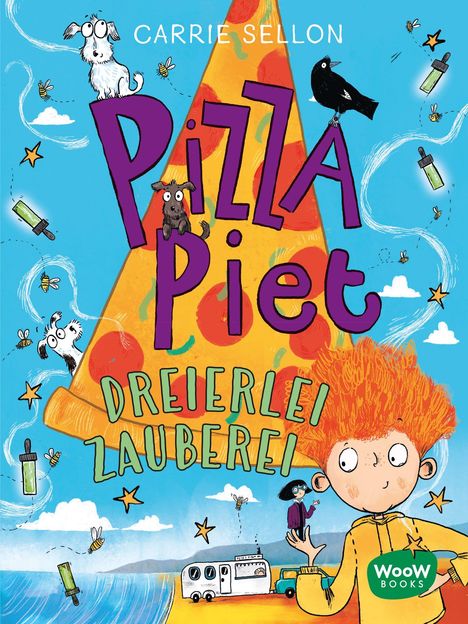 Text: "CARRIE SELLON", "Pizza Piet", "Dreierlei Zauberei". Illustration: Kind mit orangefarbenem Haar, große Pizza, Hund, Krähe.