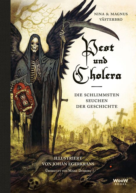 „Pest und Cholera: Die schlimmsten Seuchen der Geschichte.“ Skelett mit Sense und dunkler Kutte, Ratten im Vordergrund.
