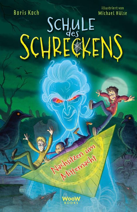 "Schule des Schreckens", „Nachsitzen um Mitternacht“. Gruselige Illustration mit Kindern und Geisterfigur auf einem Friedhof.
