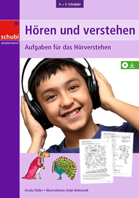 Auf einem Cover steht "Hören und verstehen - Aufgaben für das Hörverstehen". Ein Kind trägt Kopfhörer und lächelt.