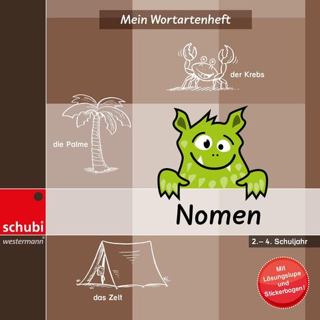 "Mein Wortartenheft", "der Krebs", "die Palme", "das Zelt", "Nomen", "2.–4. Schuljahr". Grünes Monster als Illustration.