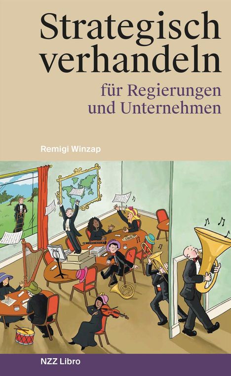 Text: "Strategisch verhandeln für Regierungen und Unternehmen". Eine Illustration zeigt ein chaotisches Orchester bei der Probe.